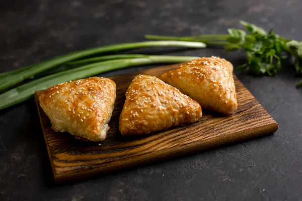 Asian Cuisine Homemade Samsa Chicken Sesame Greens Dark Background Top — Stock Photo, Image