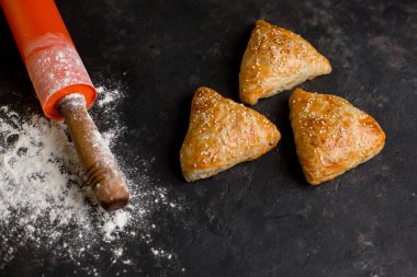 Asya mutfağı. Tavuklu, susamlı ve koyu arkaplanlı ev yapımı samsa. Üst Manzara Görünümü. Metin için boşluk
