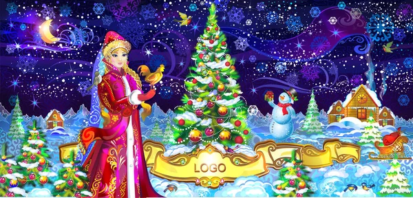 俄罗斯，新的一年，雪的少女，圣诞老人，圣诞树，圣诞节横幅，庆祝新的一年，圣诞节的故事，冬天，雪，圣诞装饰品，年的公鸡，到 2017 年，海报，日期，雪花，暴雪，迎接新的一年 — 图库矢量图片