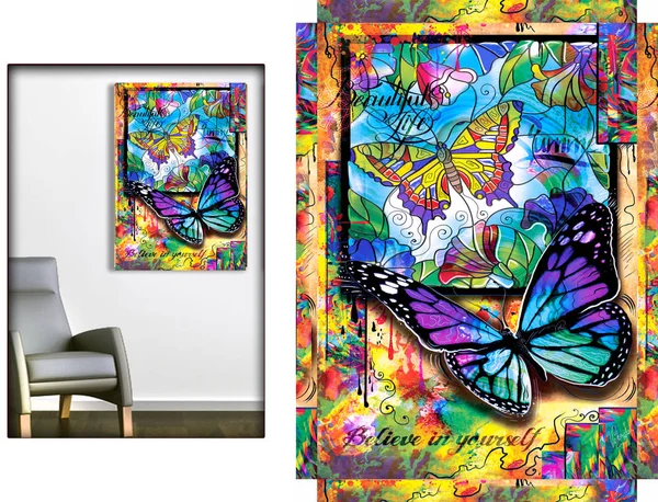 painting, print for a picture, a panel on a wall, a modular panel, a picture for a child, a bright design, blots, brush strokes, watercolor, aqua design, paint painting, palette, palette flora, tender print, floristry, flowers and butterflies, pop ar