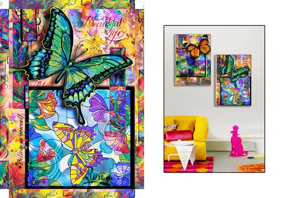 painting, print for a picture, a panel on a wall, a modular panel, a picture for a child, a bright design, blots, brush strokes, watercolor, aqua design, paint painting, palette, palette flora, tender print, floristry, flowers and butterflies, popart