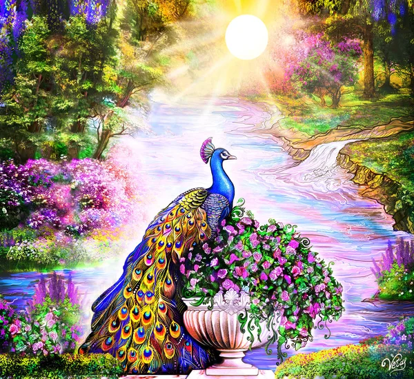 a paradise, a morning sun, a fantasy, a divine garden, a beautiful picture, a paradise, a painting, a print for a picture, beautiful colors, a springy plot, a peacock, a bird of happiness, a blossoming garden, a print for wallpaper, wall-papers, a fr