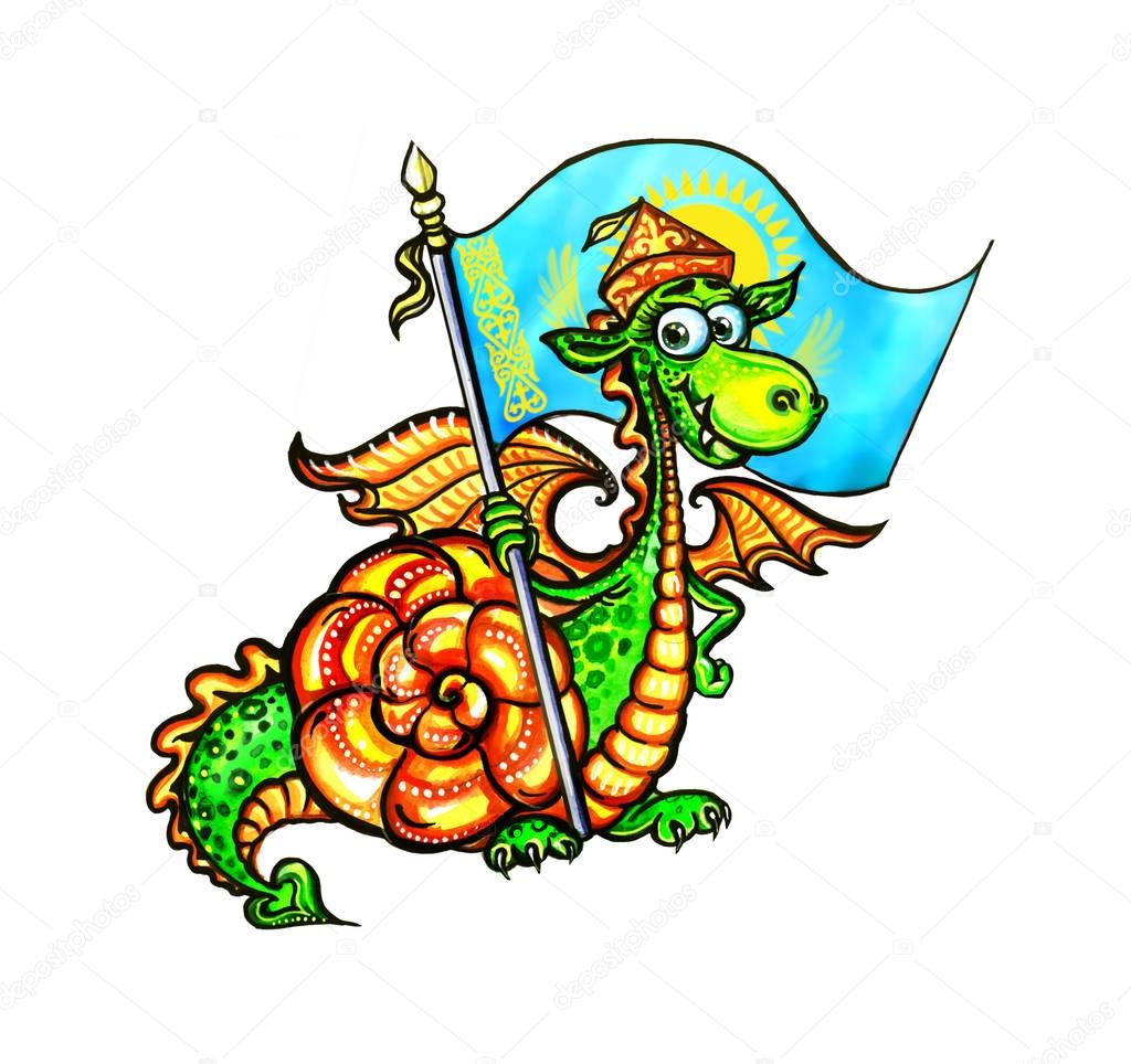 Kazakh dragon, flag of Kazakhstan, funny dragon, dragon year, red dragon, snail, winged dragon, horns, dragon, Chinese dragon, year of dragon, watercolor, character, New Year's bunny, Santa Claus, snow, postcard for children, cute, rabbit with carrot