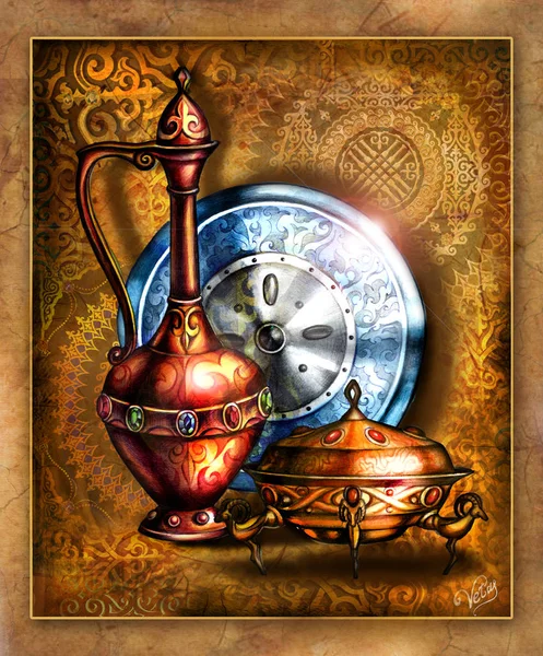 Painting, asia motif, sage illustration, oriental still life, oriental fairy tale, people's way of life, a picture with jewels, a military shield, a pitcher for washing, a box for treasure, Kazakh culture, traditions of the east, nomads, batyrs — Stock Image Painting Asia Motif Sage Illustration Oriental Still Life Oriental Fairy Stock Photo