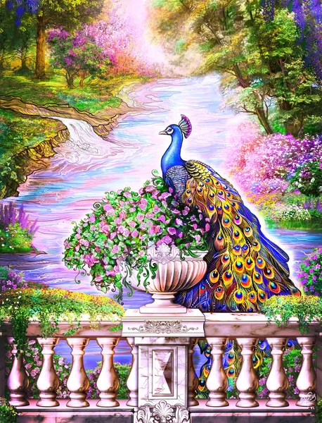 a paradise, a morning sun, a fantasy, a divine garden, a beautiful picture, a paradise, a painting, a print for a picture, beautiful colors, a springy plot, a peacock, a bird of happiness, a blossoming garden, a print for wallpaper, wall-papers, a fr