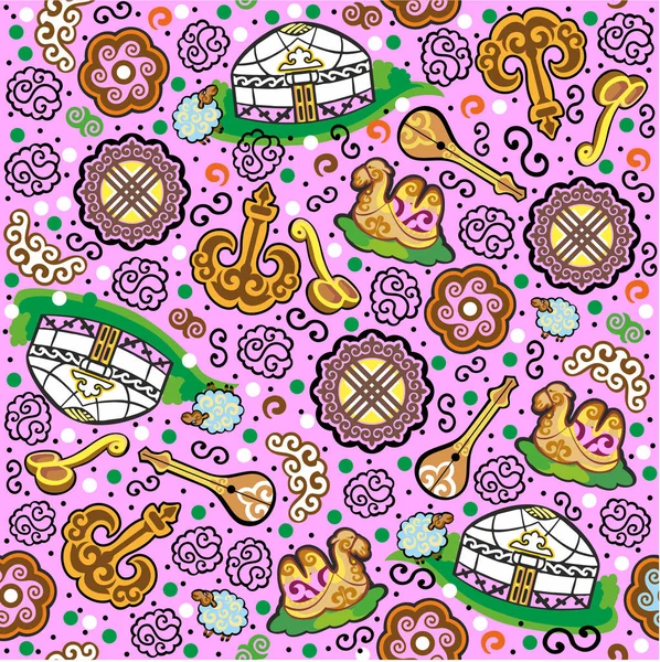 Oriental, Asian, epic, children's print, cheerful print, dombra, kobyz, camel, yurt, Kazakh pattern, fairy tale, lamb, lamb, Kazakh house, drawing to children, apples, spring, blossoms apple, fruit, heart, flower heart, gift, love, beloved man, seaml — Stock Illustration Oriental Asian Epic Children Print Cheerful Print Dombra Kobyz Camel Royalty Free Stock Illustrations