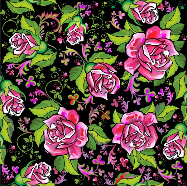 Цветы розы, розы, листья, красивые цветы, розы, розовый цветок, флористика, шторы, ткань для дивана, ткань, одежда, шарф, ковер, текстиль, сад, цветочный мир, город цветов, цветочные фантазии, хохлома, гжель, русский шарф, этническая печать , — стоковый вектор