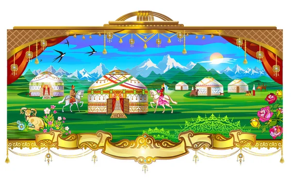 Traditional Kazakh table, Nauryz meirams, Nauryz: a holiday of spring and abundance, Qazaqstan, ayl,kiz, saukele,Kazakh culture, Nauryz celebration in Kazakhstan, Rites, traditions and customs — Stock Illustration Traditional Kazakh Table Nauryz Meirams Nauryz Holiday Spring Abundance Qazaqstan Stock Illustration