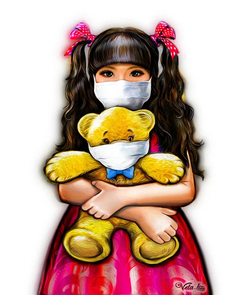 Illustration of a little beautiful Chinese girl. She is in a protective mask from the virus and from bad ecology. the baby takes care of herself and her ivy bear toy. In China, the COVID-19 epidemic. China will protect itself, save itself and others.