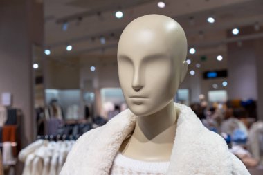 Kışlık elbiseli bir kadın manken. Moda. Alışveriş..