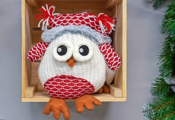 Knitted toy Christmas owl. Soft toy owls.