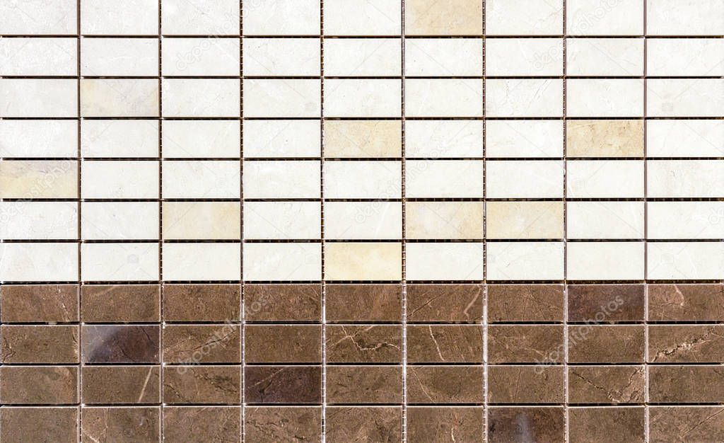 Ceramic mosaic tiles with brown and beige rectangles.