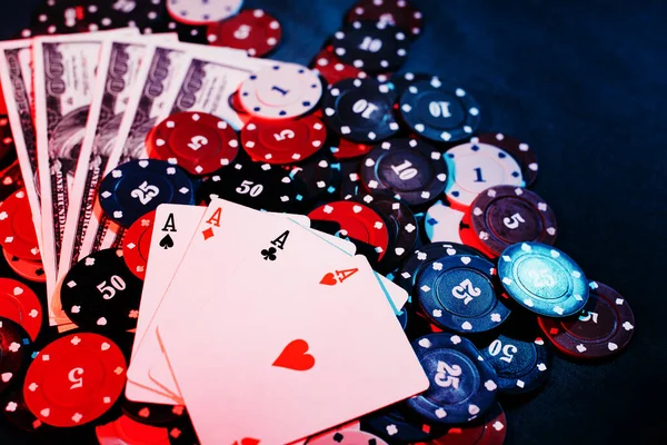 playing poker chips, cards and money close -up. the view from the top