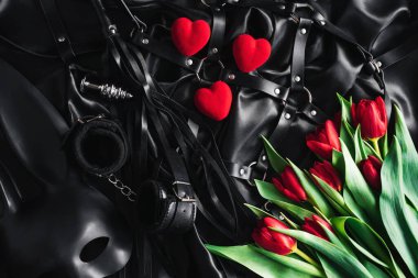 on Valentine's day, set of adult toys black silk background. red Tulip clipart