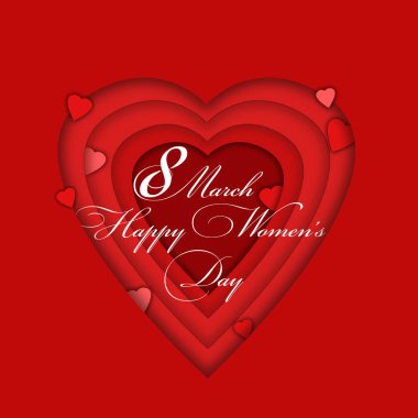 8 Mart tarihli kart kırmızı arka planda, kalplerle.