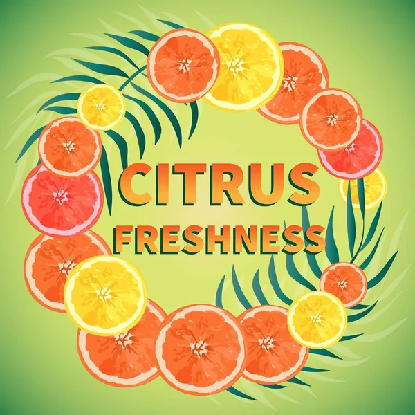 柚子片 背景为黄橙色 艳丽的夏季图案 热带树叶 带有文字新鲜的圆形框架 — 图库矢量图片