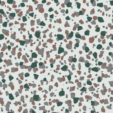 Terrazzo döşeme dokusu. Cilalanmış çakıl taşları. Soyut mavi bej ve turuncu renksiz desen, vektör arkaplan. İtalyan tarzı taş, mermer ve cam parçaları..