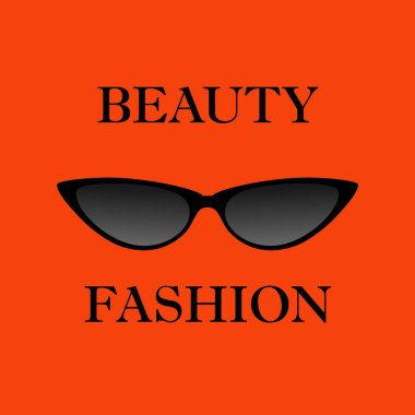 Turuncu-kırmızı arka planda siyah gözlük. Güzel moda gençlik baskısı. Moda metniyle. Kumaş, tasarım, duvar kağıdı, tekstil, kartlar için. Vektör arkaplanı