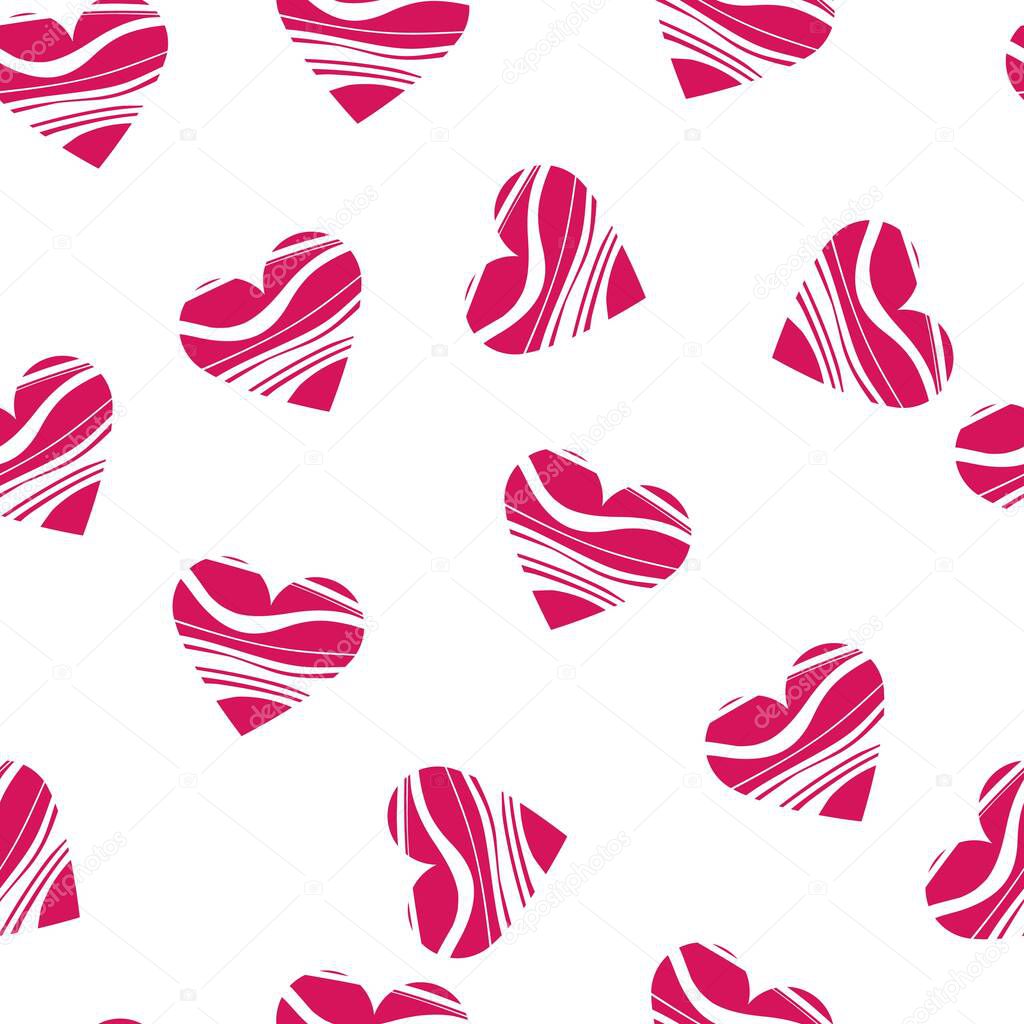   Bright pink hearts on a white background. Seamless ornament. Romantic print. Saturated pattern for wallpaper, fabric, clothing, interior decoration, textiles, packaging. Vector illustration