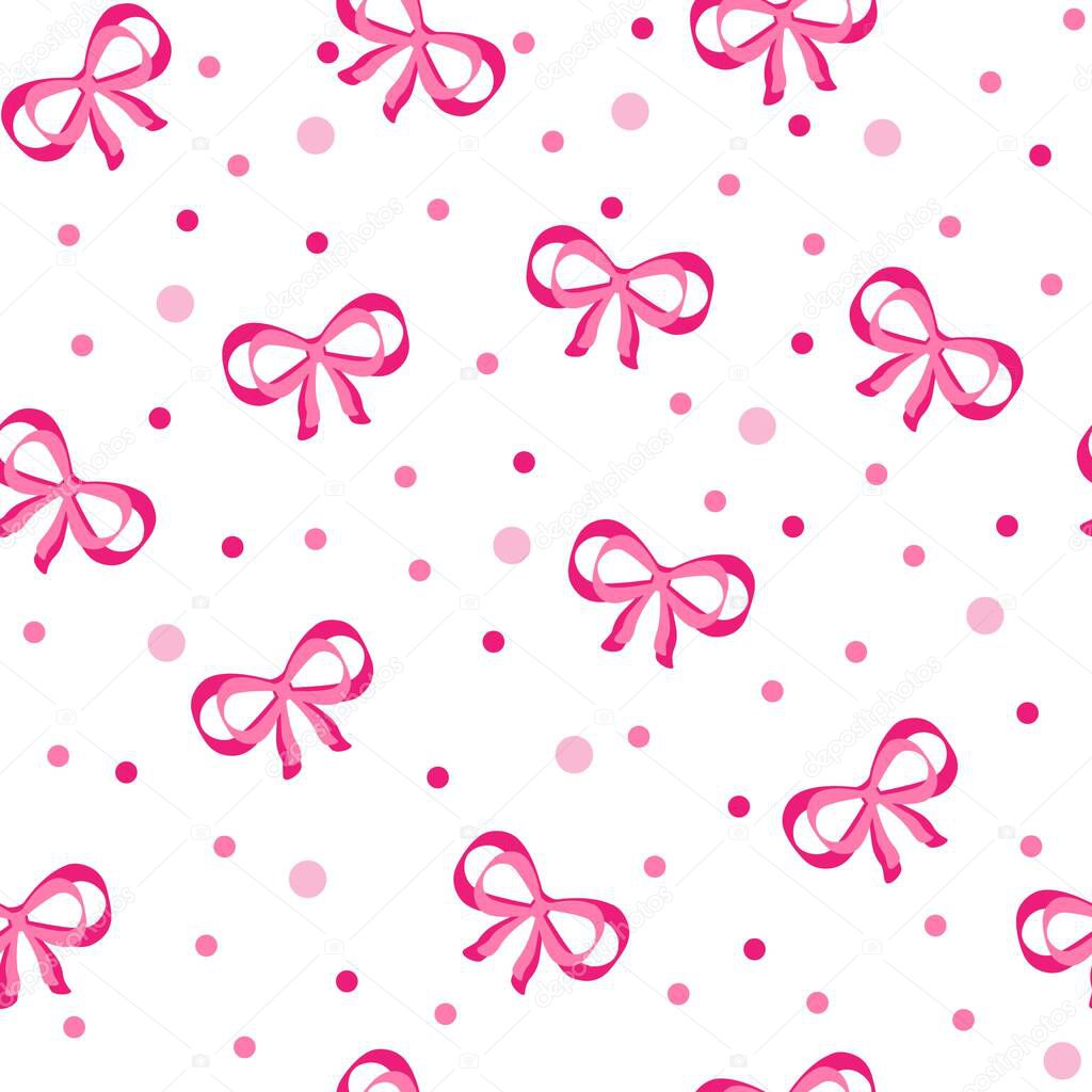   Pink bright bows on a white background. Ornament for fabric, print, clothing, home decoration, textiles, packaging, gifts. Seamless vector illustration.