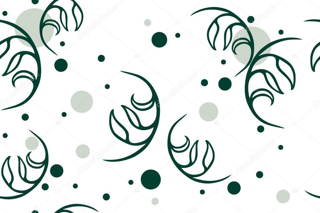 Green leaves and circles on a white background. Seamless pattern. For fabric, design, wallpaper, textile, packaging. Vector background