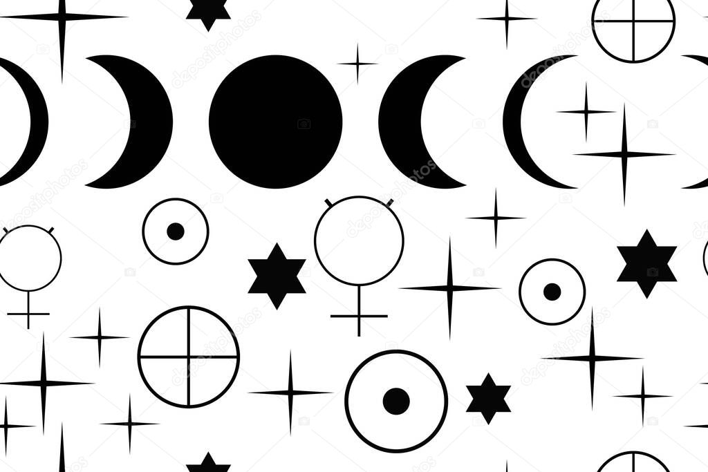 Moon phases. Astro signs of planets and stars. Esoteric pattern. Black elements on white background. Seamless vector texture for wallpaper, clothes, fabric, textile, packaging.