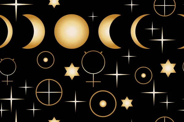 Fases Lunares Signos Astros Planetas Estrellas Patrón Esotérico Elementos Dorados — Vector de stock