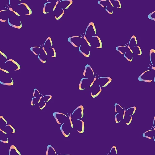 Farfalle Multicolori Sfondo Viola Stampa Estiva Modello Geometrico Vettoriale Senza — Vettoriale Stock
