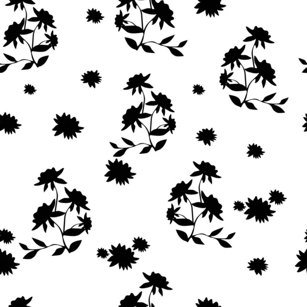 Little Black Flowers Leaves White Background Vector Geometric Seamless Pattern — Stock Vector