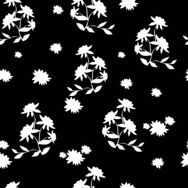   Siyah arka planda küçük beyaz çiçekler ve broşürler. Duvar kağıdı, kumaş, tekstil, ambalaj için kusursuz vektör dokusu.