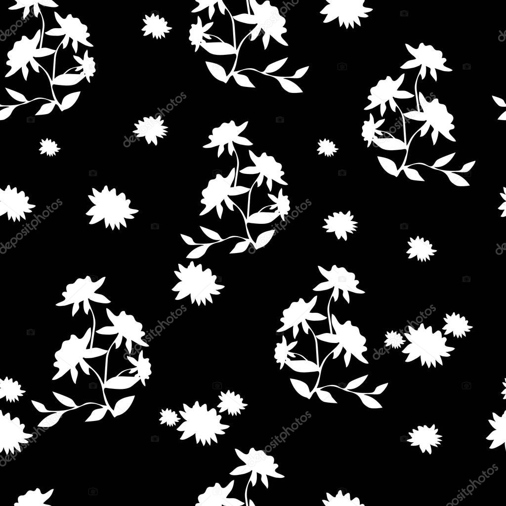   Small white flowers and leaflets on a black background. Seamless vector texture for wallpaper, fabric, textile, packaging.