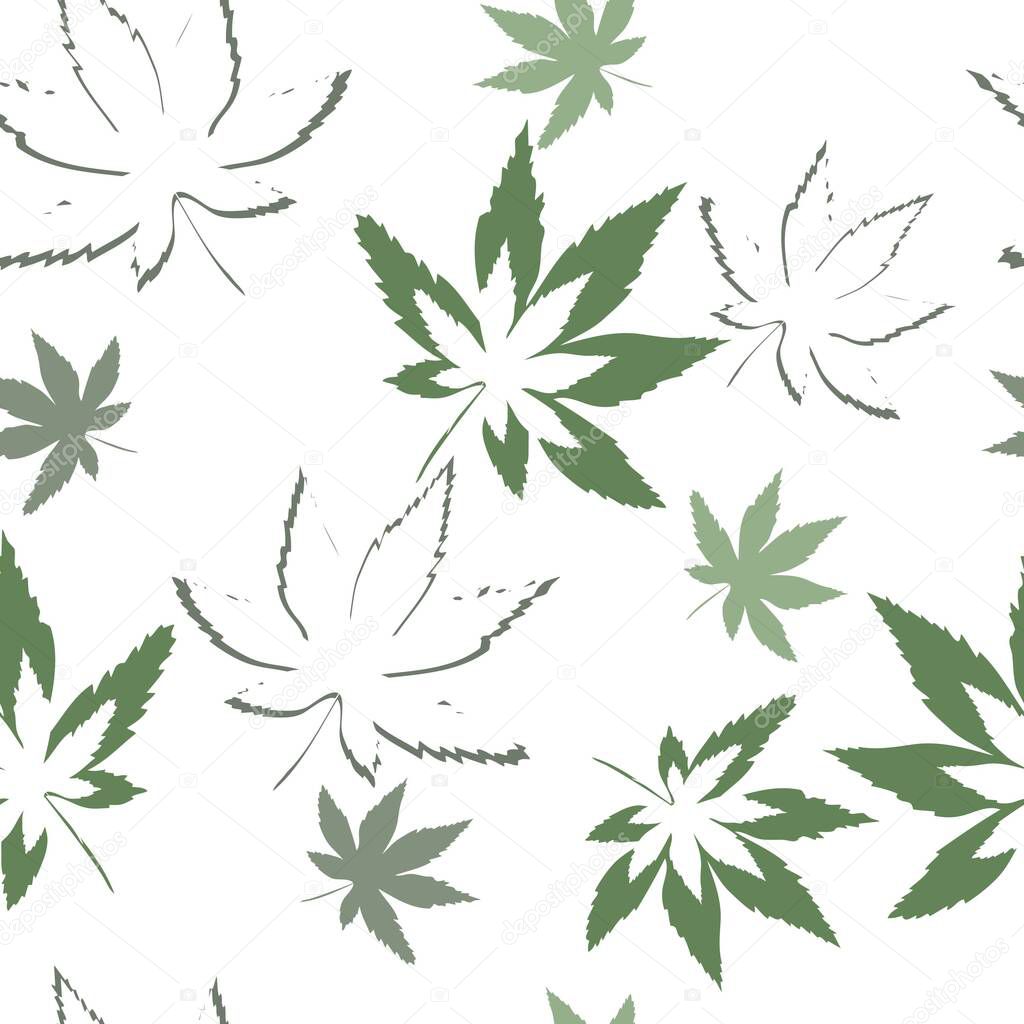 Leaves on a white background.Cannabis. Seamless vector texture for wallpaper, textile, fabric, packaging.