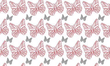 Beyaz arka planda kırmızı ve gri kelebekler. Yaz baskısı. Vektörsüz desen.