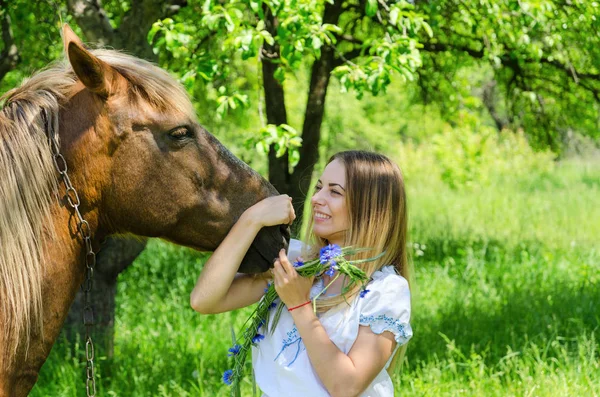 Красивая девушка обнимает намордник крестьянской лошади и смеется — стоковое фото