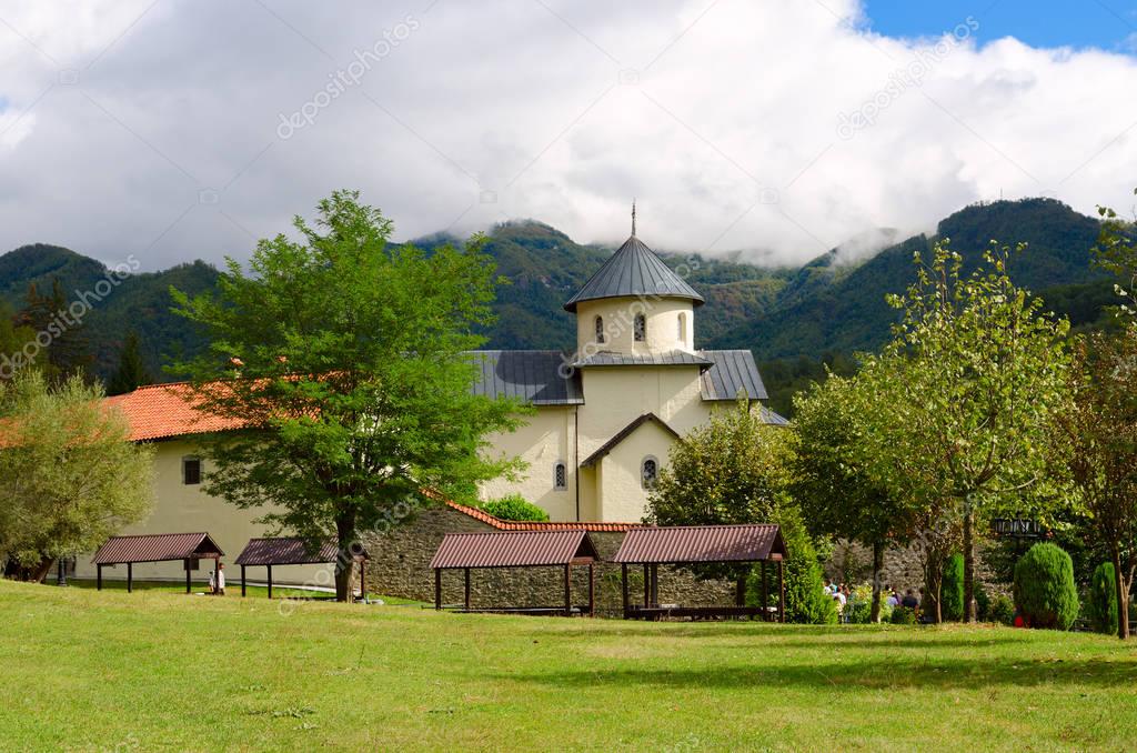 Famous monastery of Moraca on background of mountains, Montenegro