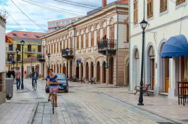 Street (Rruga G'juhadol) in center of Shkoder, Albania clipart