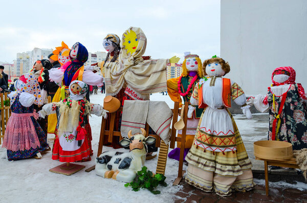 Shrovetide dolls at Shrovetide festivities outdoors, Gomel, Belarus