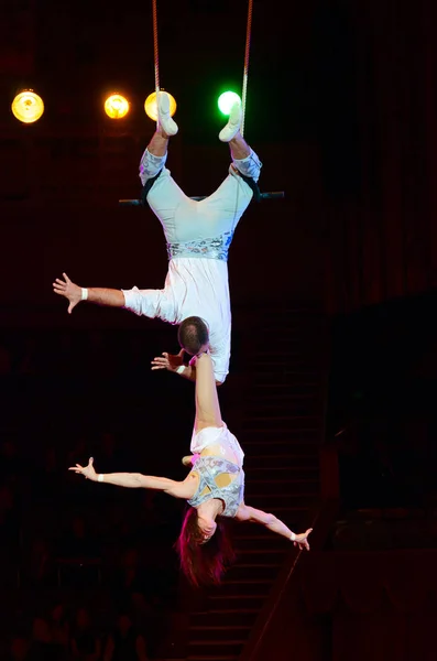 Moskova Devlet sirk tur sonra Nikulin adında. Trapez (Hava jimnastikçiler Victoria ve Alexei Artemyev düet) — Stok fotoğraf