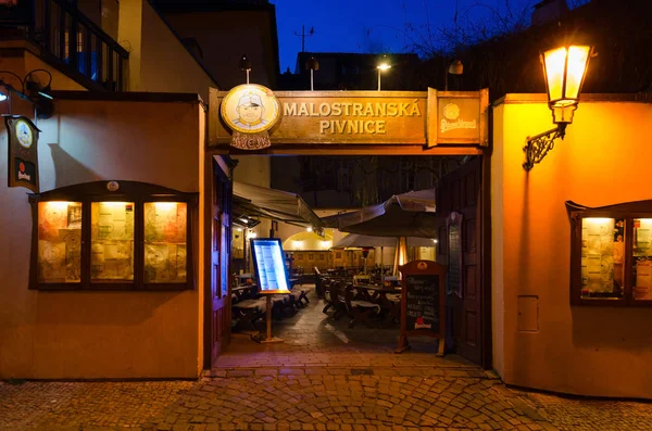 Malostranskaya beerhouse Schweik, evening view, Prague, Czech Republic — Stock Photo, Image