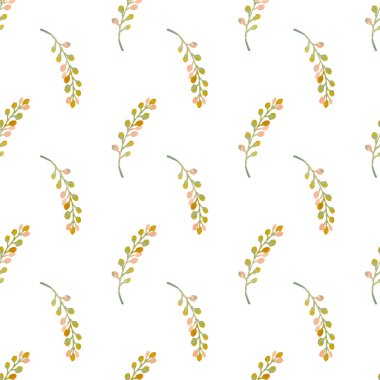 Beyaz arka planda sarı böğürtlenli elle boyanmış suluboya bitkiler. El çizimi pürüzsüz desen.