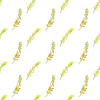 Beyaz arka planda sarı böğürtlenli elle boyanmış suluboya bitkiler. El çizimi pürüzsüz desen.