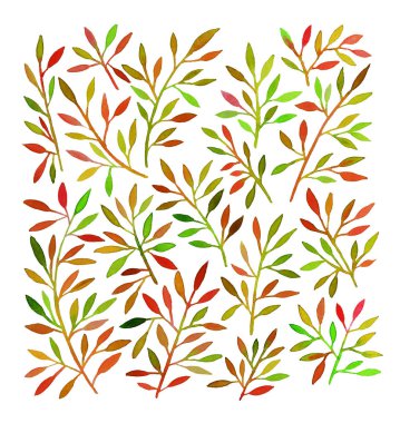 El yapımı yapraklar suluboya seti. Beyaz arkaplanda yeşil, kırmızı ve sarı saplar. 