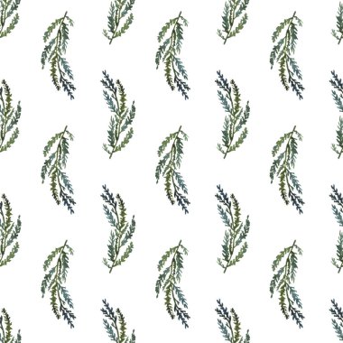 El boyası suluboya çam dalları beyaz zemin üzerinde pürüzsüz desen.