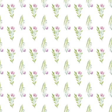 Çiçek buketlerinin kusursuz suluboya desenleri. Beyaz arkaplanda zarif renkler. Elle boyanmış yapraklar ve laleler.