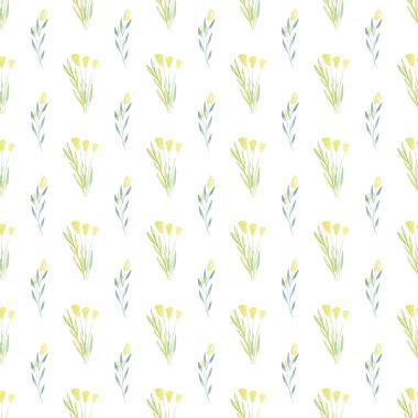 Çiçek buketlerinin kusursuz suluboya desenleri. Beyaz arkaplanda zarif renkler. Elle boyanmış yapraklar ve laleler.