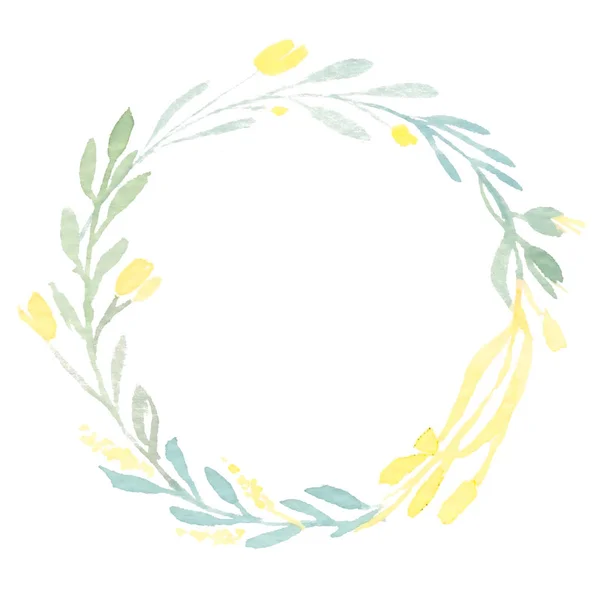 Hand painted watercolor leaves and yellow flowers wreath. Template for wedding invitation and save the date cards.
