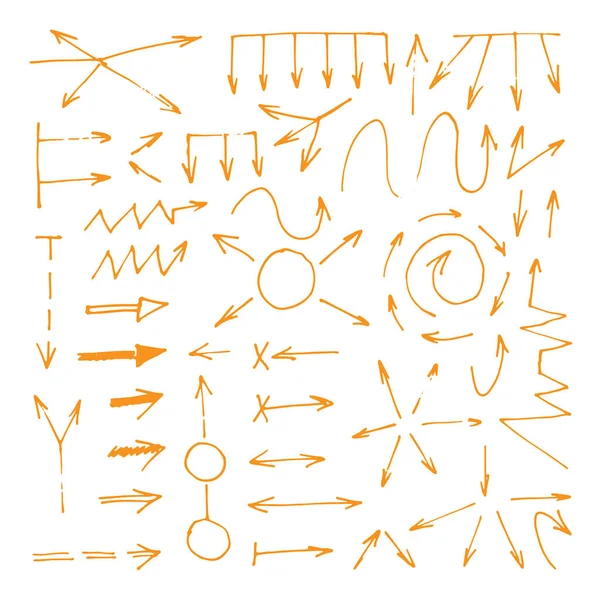 Hand Drawn Orange Arrows Set White Background — Stock Vector