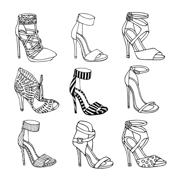 Silueta Zapatos Mujer Dibujada Mano Sobre Fondo Blanco Hola Tacones — Vector de stock