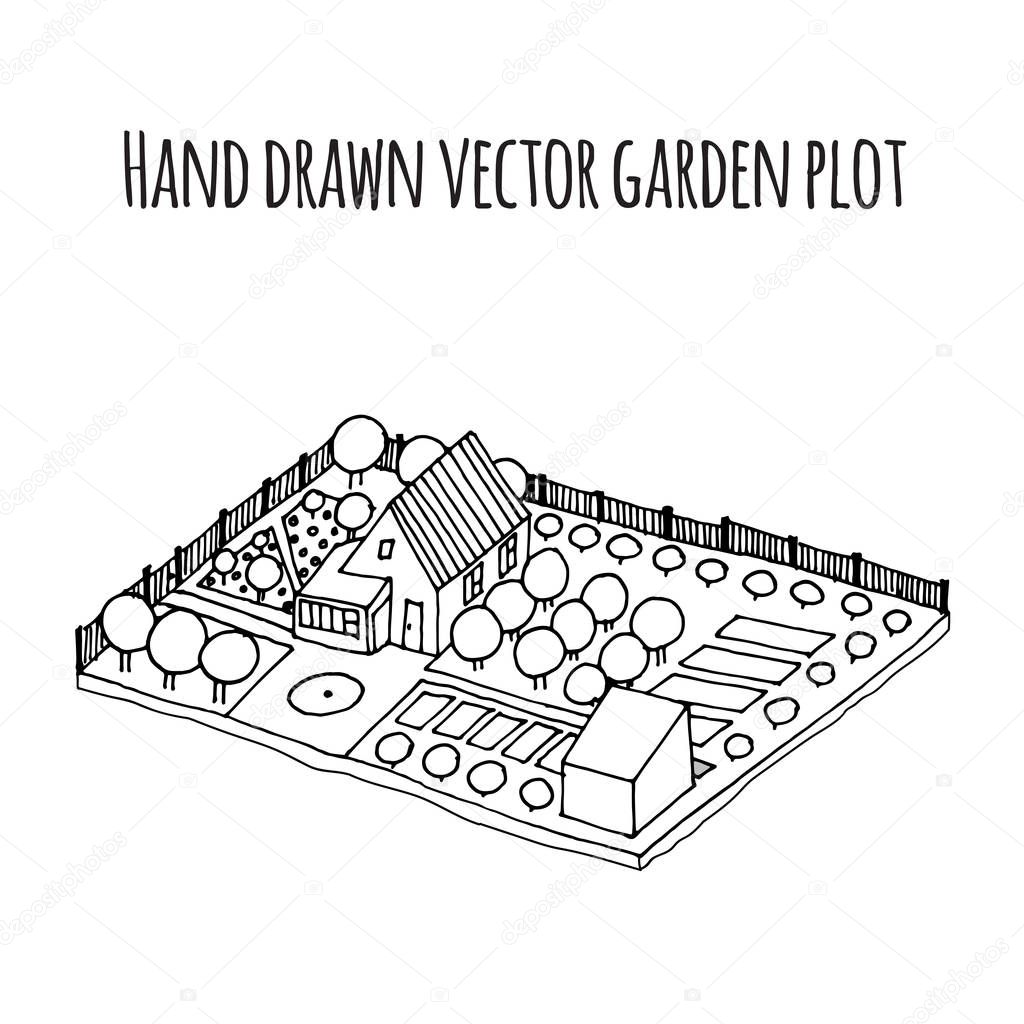Hand drawn vector garden plot illustration in black and white colors. Can be used as infographics.