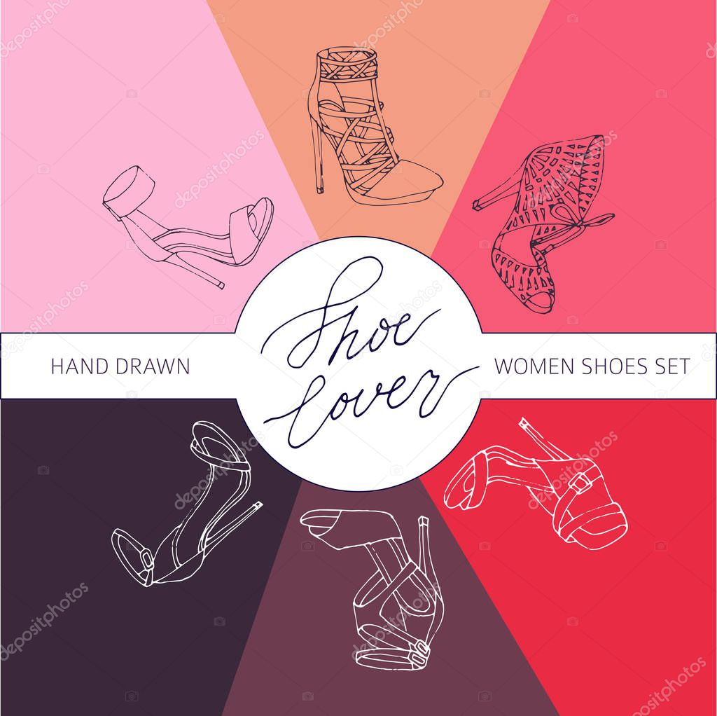 Hand drawn women's shoes silhouette set.